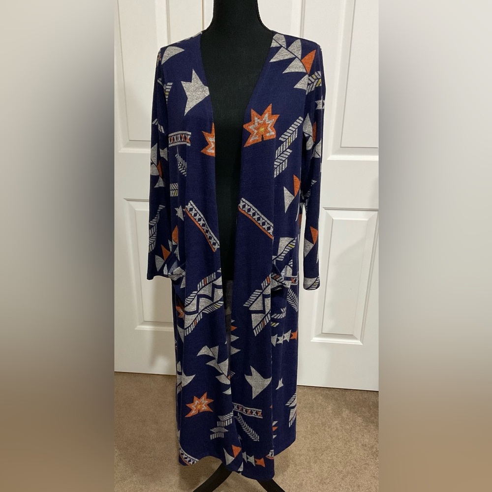 LuLaRoe M Blue with Orange a Gray accented Sarah Cardigan